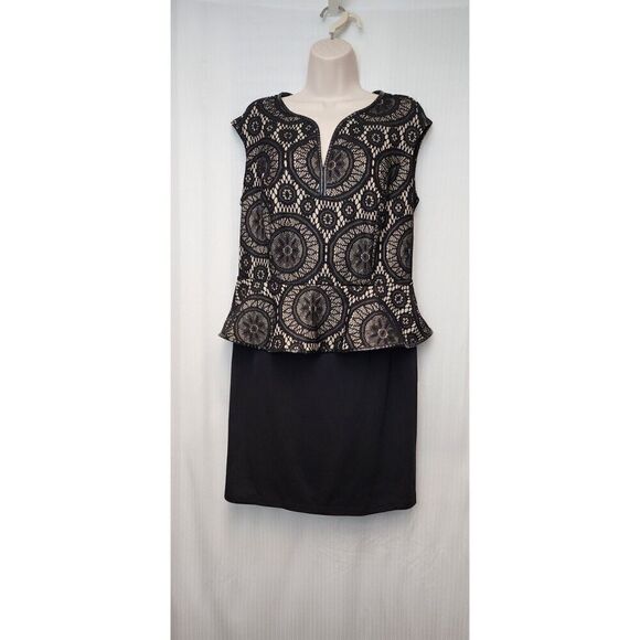 Enfocus Black Floral Lace Panel Back Zipper Sleeveless Stretch Peplum Dress 14W - Picture 6 of 7